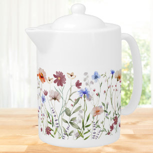 Watercolor Colorful Wildflower Meadow Teapot