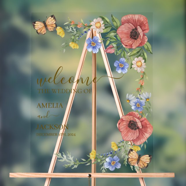 Watercolor colorful Wildflower wedding welcome Acrylic Sign (Neutral)