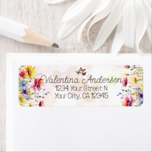 Watercolor Colorful Wildflowers and Butterflies Label
