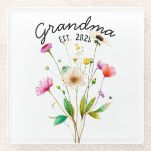 Watercolor Colorful Wildflowers First Time Grandma Glass Coaster