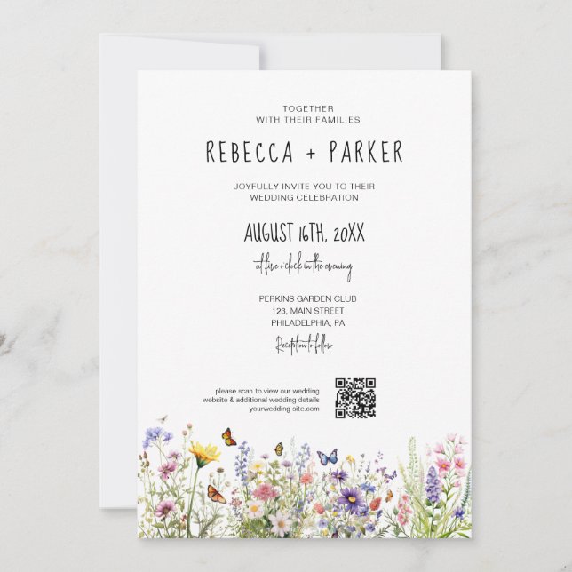 Watercolor colorful wildflowers wedding invitation (Front)