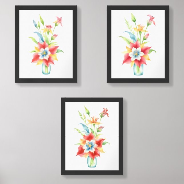 Watercolor Columbine Bouquet in Vase 3 Wall Art Sets (Front)