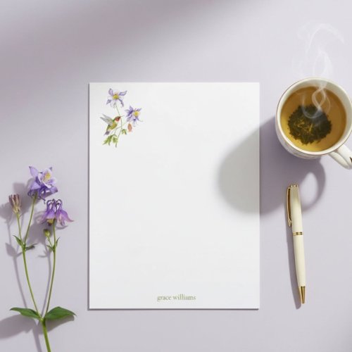 Watercolor Columbine with Hummingbird Personalized Letterhead