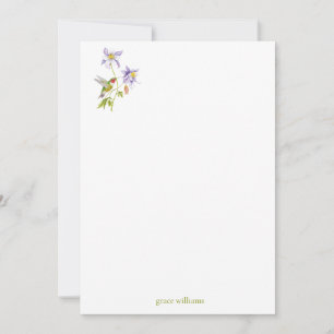 Watercolor Columbine with Hummingbird Personalized Note Card