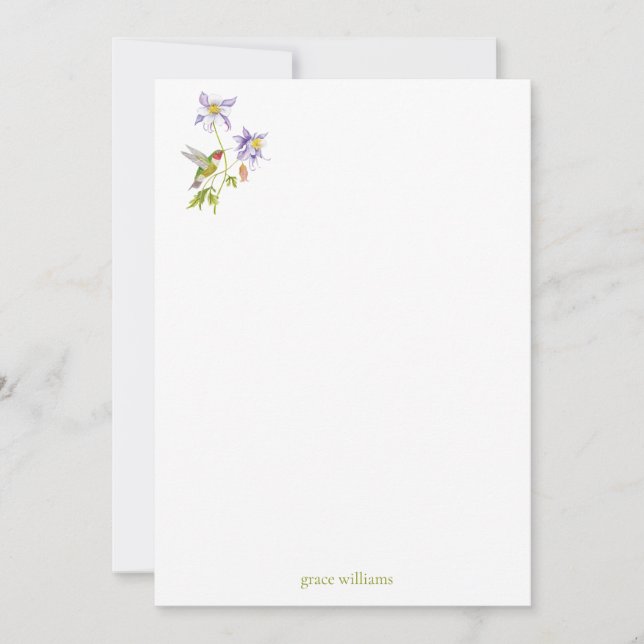 Watercolor Columbine with Hummingbird Personalized Note Card (Front)