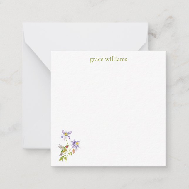 Watercolor Columbine with Hummingbird Personalized Note Card (Front)