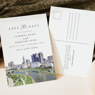 Watercolor Columbus Ohio Skyline Save the Date Postcard