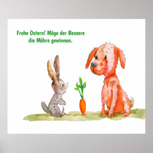 Watercolor Comic Cat with Easter Bunny Poster