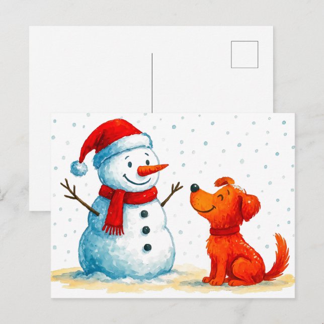 Watercolor Comic Dog with Snowman in Winter Holiday Postcard (Front/Back)