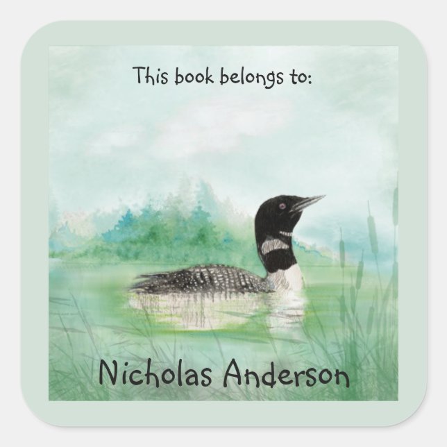 Watercolor Common Loon Bird Nature Art Bookplate (Front)