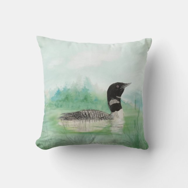 Watercolor Common Loon Wilderness Bird  Painting Outdoor Pillow (Front)