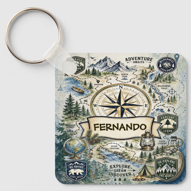 Watercolor Compass Rose Adventure Explorer Design Keychain (Front)