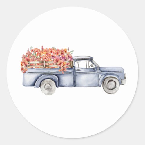 Watercolor composition with flowers and farm car  classic round sticker