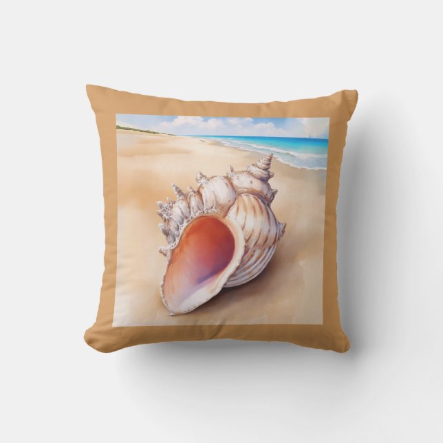Watercolor Conch Shell on the Beach Outdoor Pillow (Front)
