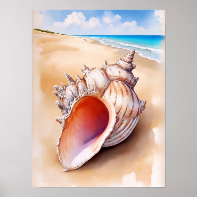  Watercolor Conch Shell on the Beach Poster (Front)