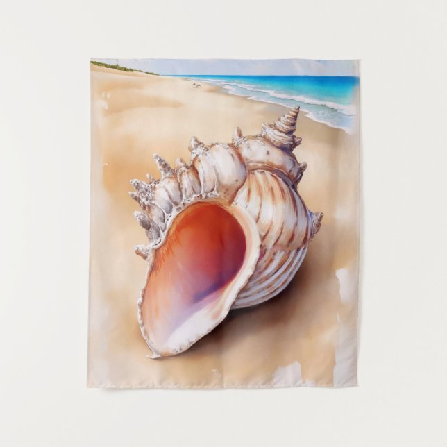  Watercolor Conch Shell on the Beach Tapestry (Front)