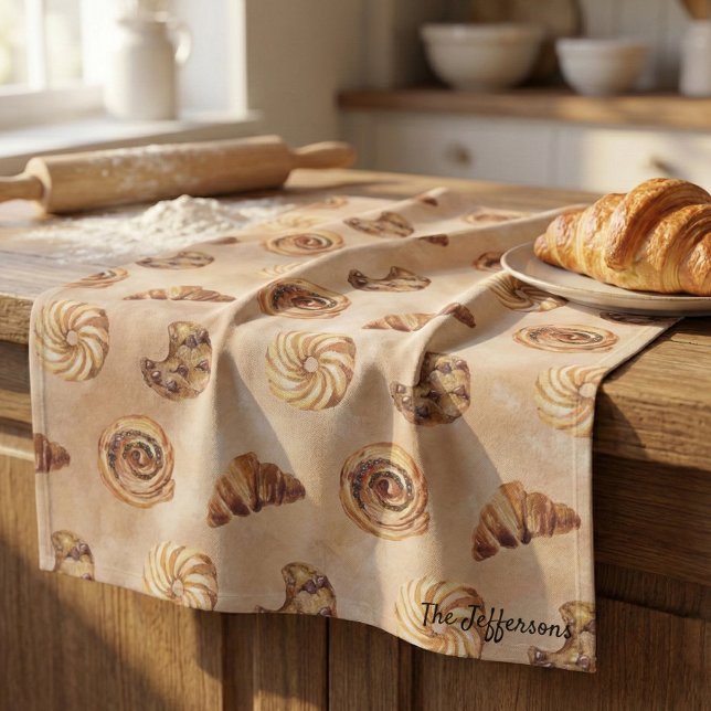 Watercolor Confectionery Patisserie Food Brunch Kitchen Towel (croissant cinnamon roll cookie kitchen towel)