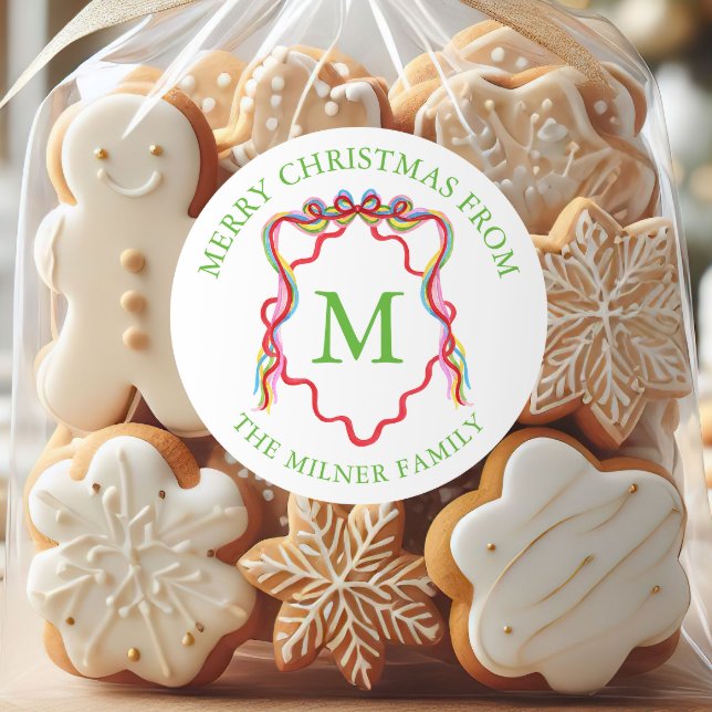 Watercolor Confetti Christmas Bow Monogram Crest Classic Round Sticker (Creator Uploaded)