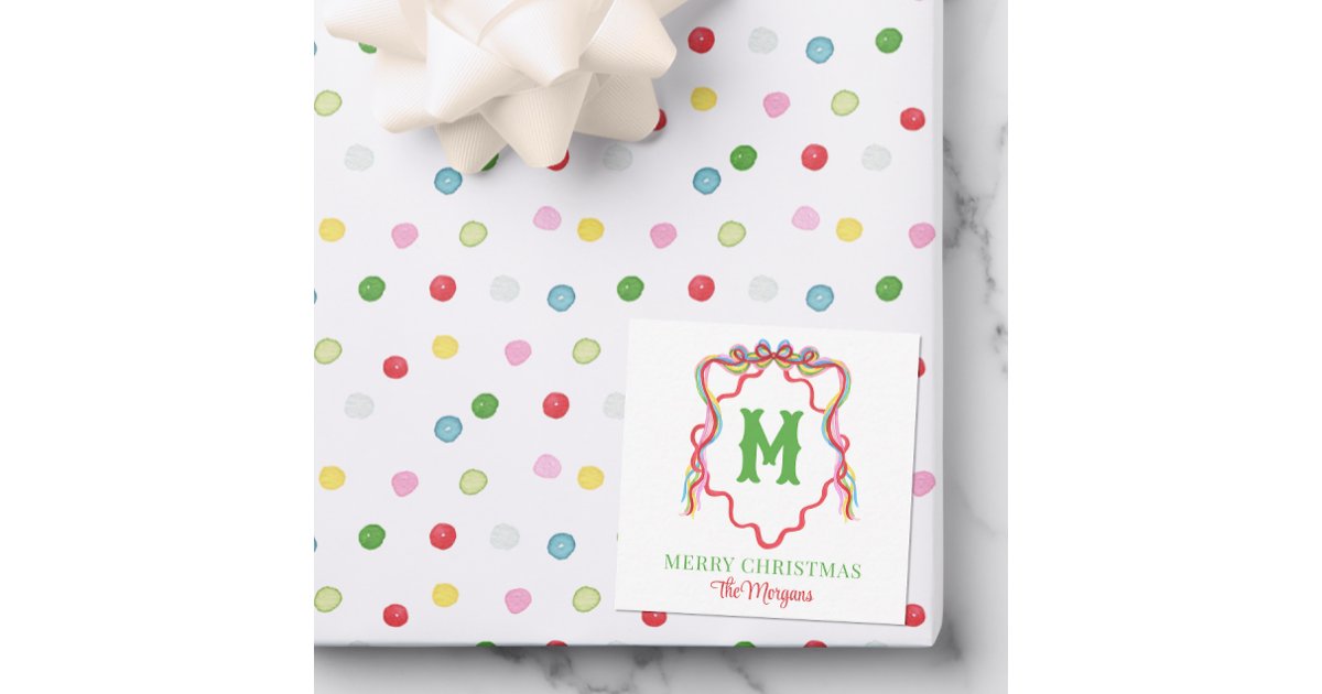 Watercolor Confetti Christmas Bow Monogram Crest Note Card | Zazzle
