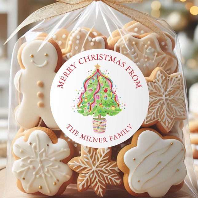 Watercolor Confetti Christmas Tree Classic Round Sticker (Creator Uploaded)