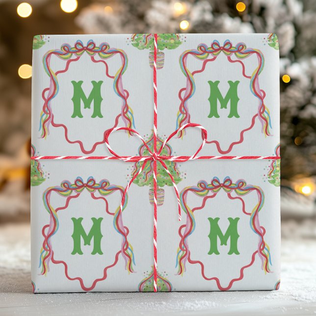 Watercolor Confetti Christmas Trees Monogram Crest Wrapping Paper (Creator Uploaded)