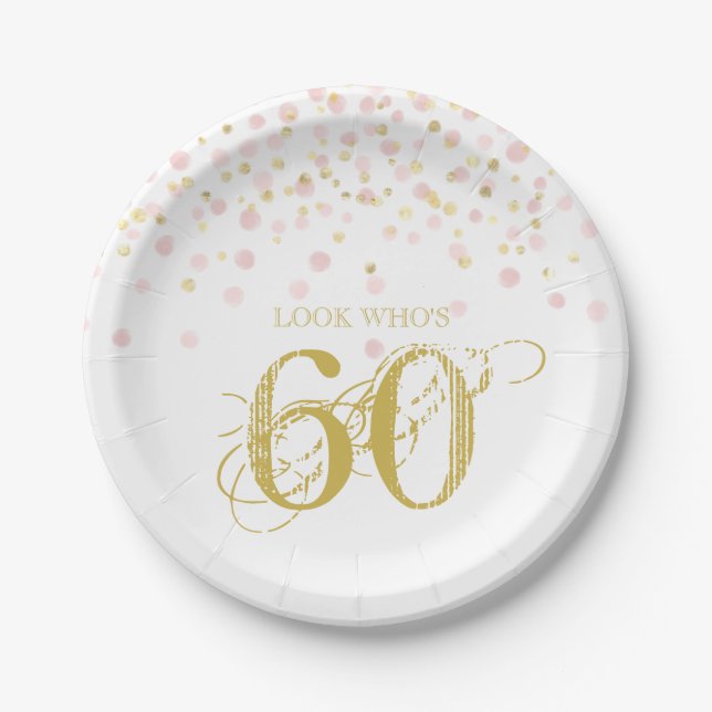 Watercolor Confetti Look Who's 60 Elegant Birthday Paper Plates (Front)