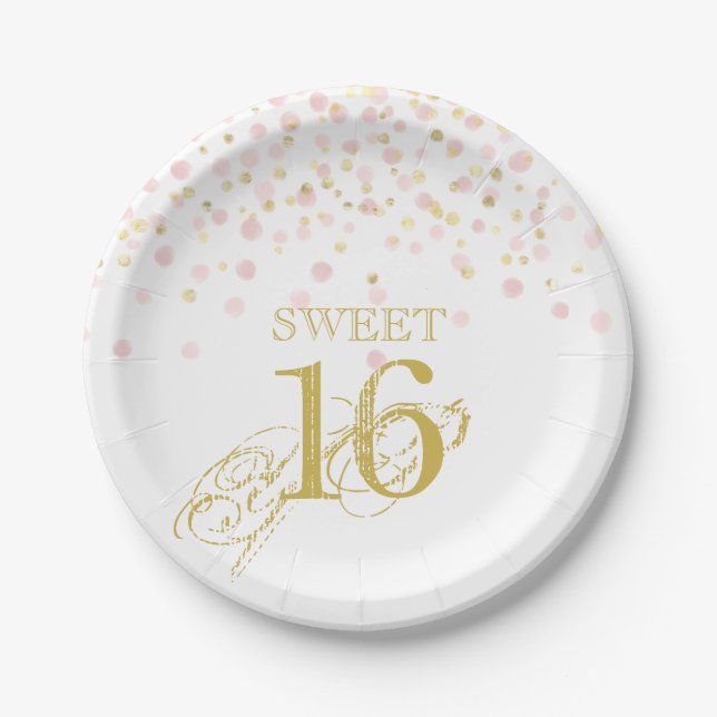 Watercolor Confetti Sweet 16 Elegant Pink Gold Paper Plates (Front)