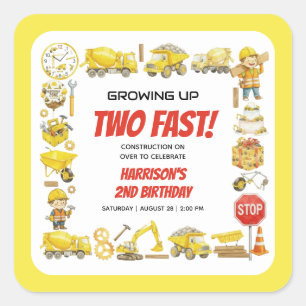 Watercolor Construction 2nd Birthday Party Square Sticker