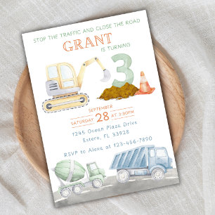 Watercolor Construction Birthday Invitation