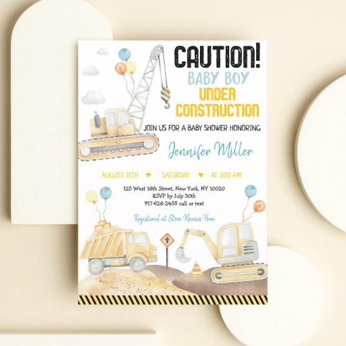 Watercolor Construction Trucks Baby Shower Invitation