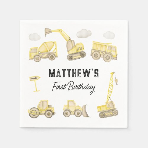 Watercolor Construction Vehicle First Birthday Napkins