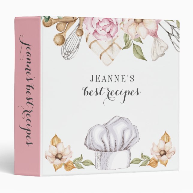 Watercolor Cook Baker Personalized Recipes 3 Ring Binder (Front/Spine)