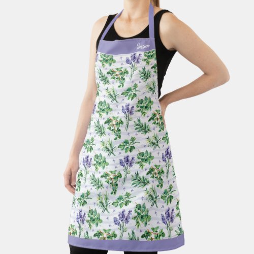 Watercolor Cooking Herbs and Lavender Pattern Apron