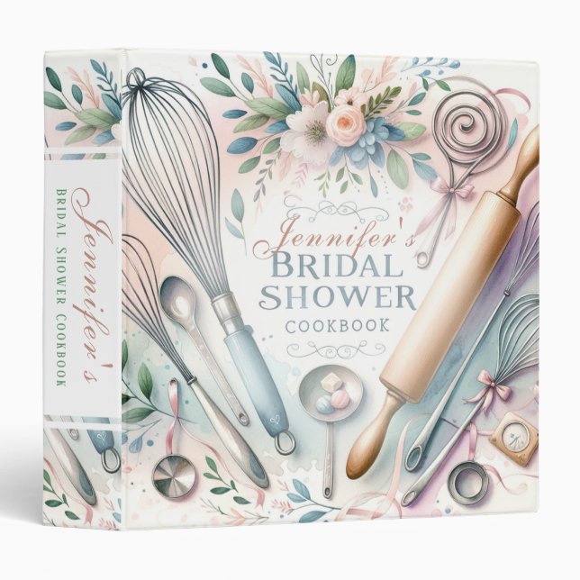 Watercolor Cooking Utensils Bridal Shower Custom 3 Ring Binder (Front/Spine)