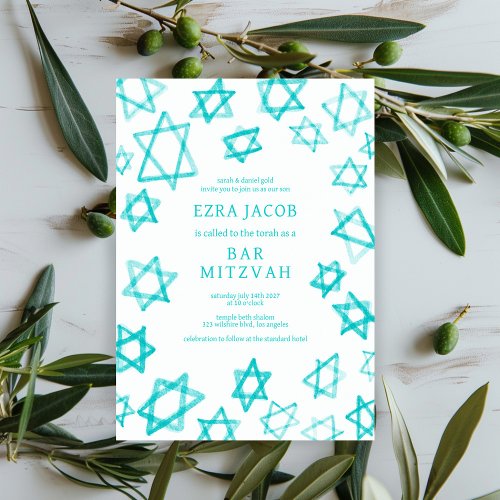 Watercolor Cool Aqua Star of David Bar Bat Mitzvah Invitation