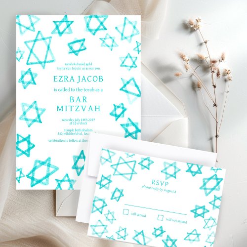 Watercolor Cool Aqua Star of David Bar Bat Mitzvah RSVP Card