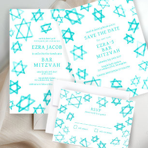 Watercolor Cool Aqua Star of David Bar Bat Mitzvah Save The Date