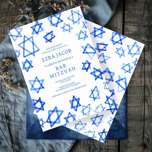 Watercolor Cool Blue Star of David Bar Bat Mitzvah Invitation