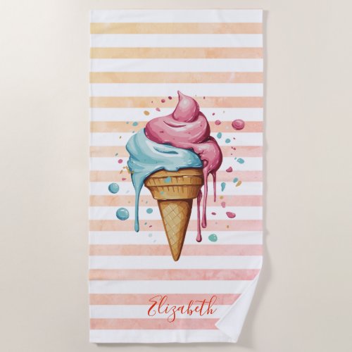 Watercolor Cool Ice Cream Dripping Stripes  Beach Towel