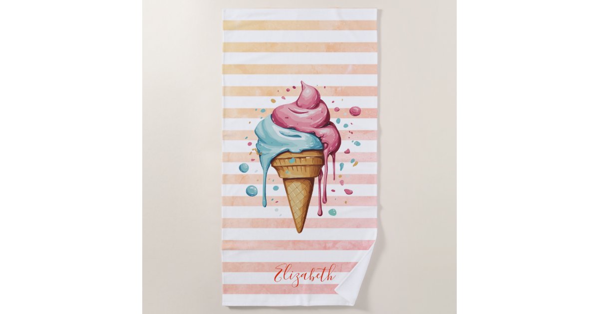 Watercolor Cool Ice Cream Dripping Stripes Beach Towel | Zazzle