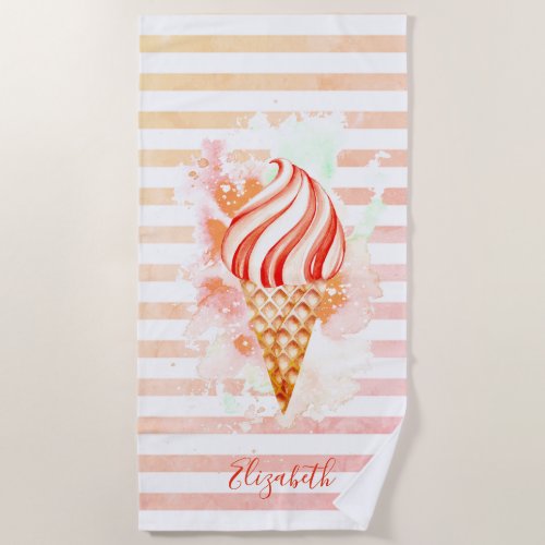 Watercolor Cool Ice Cream Pink Stripes  Beach Towel