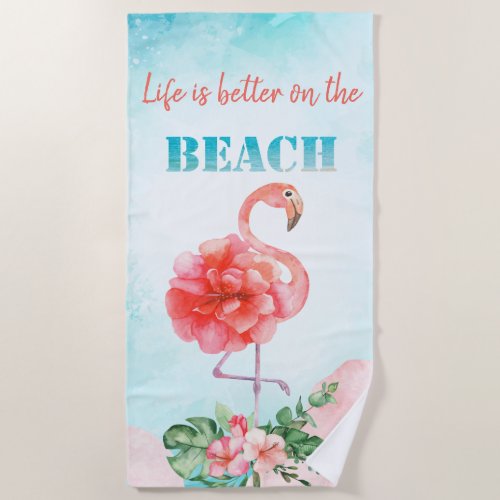 Watercolor Cool Pink Flamingo Tropical Flowers Beach Towel