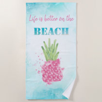 Watercolor Cool Pink Pineapple   Beach Towel