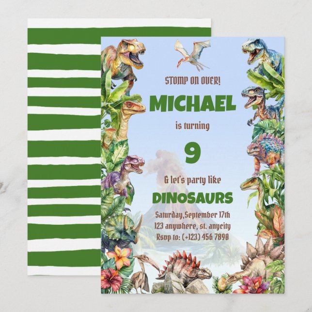 Watercolor Cool Realistic Dinosaur Birthday Invitation (Front/Back)