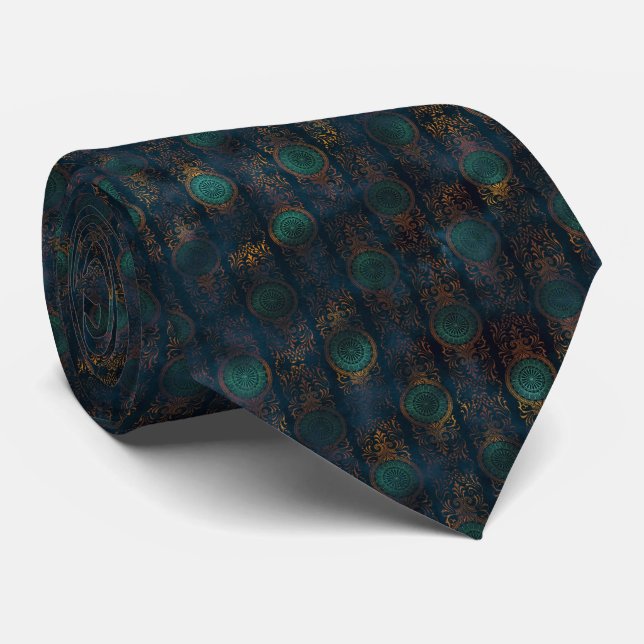 Watercolor Copper Patina Damask Pattern Neck Tie (Rolled)