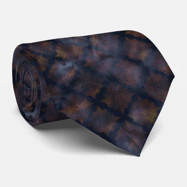 Watercolor Copper Patina Damask Pattern Neck Tie (Rolled)