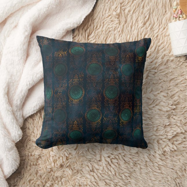 Watercolor Copper Patina Damask Pattern  Throw Pillow (Blanket)