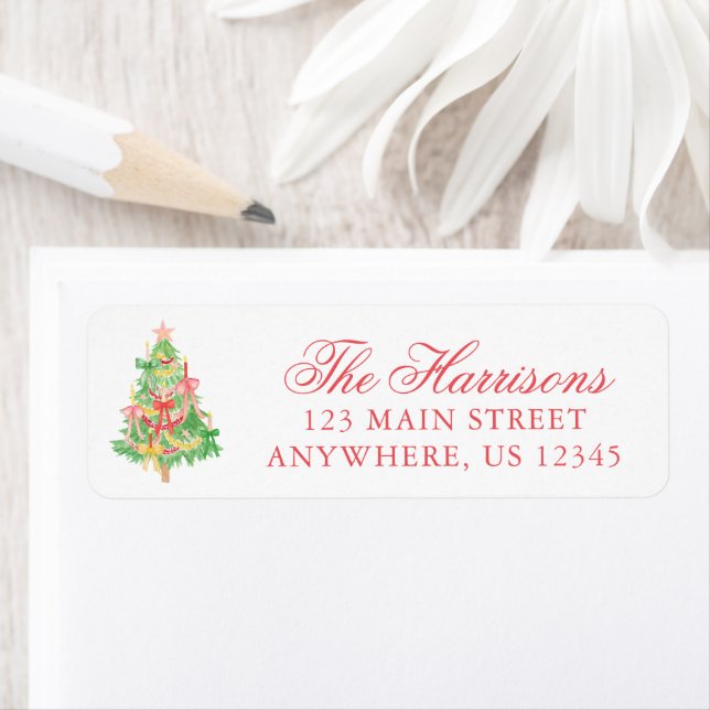 Watercolor Coquette Bow Christmas Tree Address Label (Insitu)