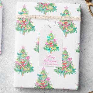 Watercolor Coquette Bow Christmas Tree Enclosure Gift Tags