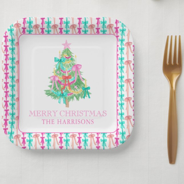 Watercolor Coquette Bow Christmas Tree  Paper Plates (Creator Uploaded)